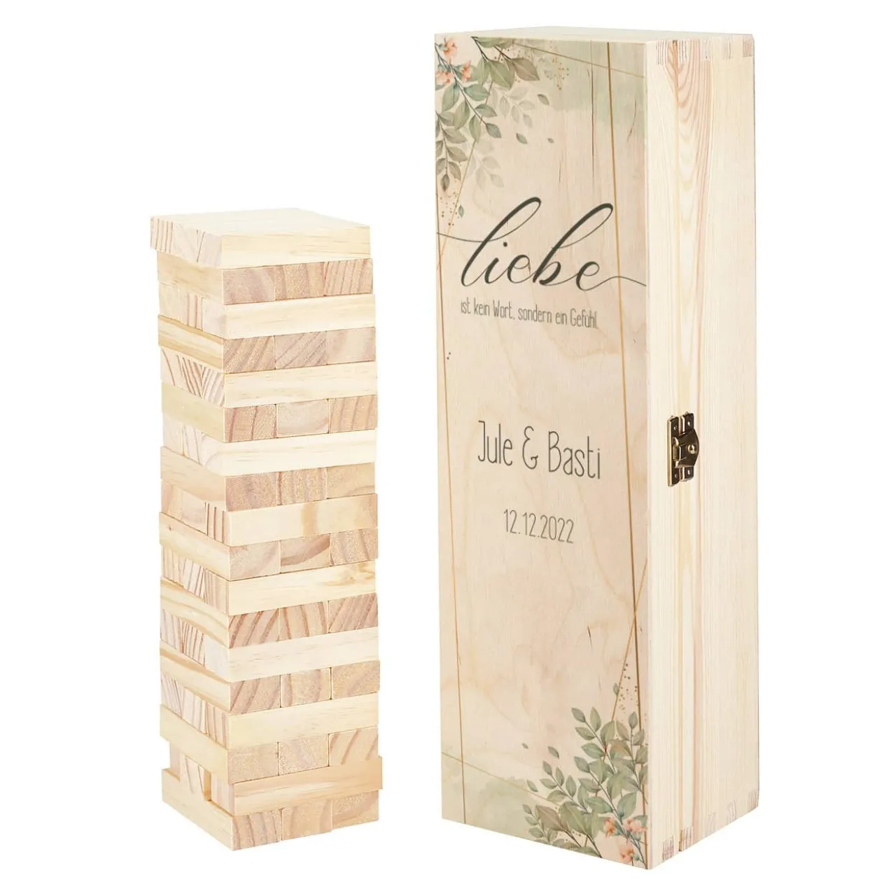 Wackelturm als Gästebuch zur Hochzeit mit persönlicher Holzbox