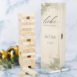 Wackelturm als Gästebuch zur Hochzeit mit persönlicher Holzbox