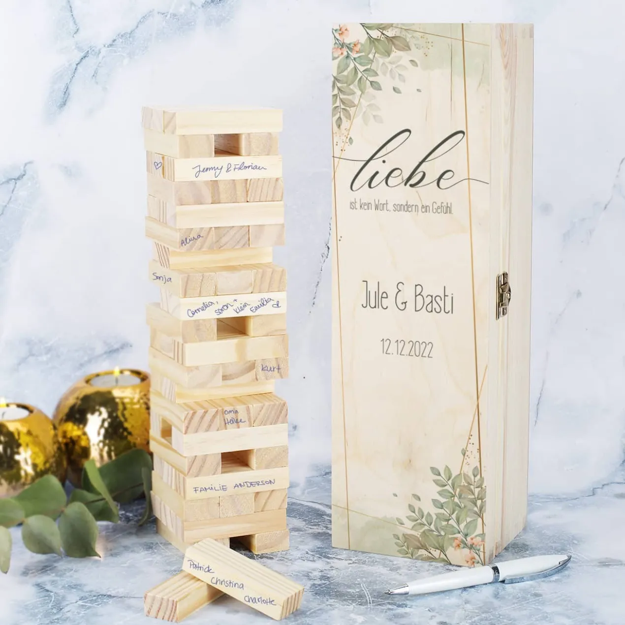 Wackelturm als Gästebuch zur Hochzeit mit persönlicher Holzbox