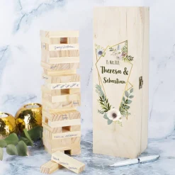Wackelturm als Gästebuch zur Hochzeit mit bedruckter Holzbox