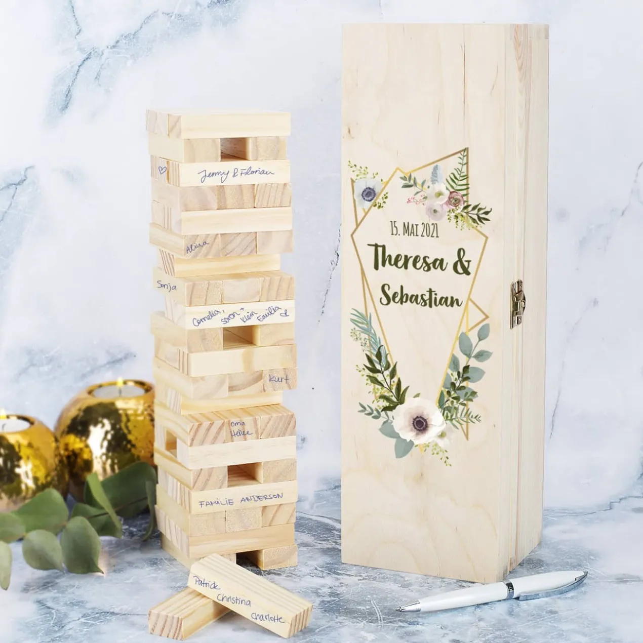 Wackelturm als Gästebuch zur Hochzeit mit bedruckter Holzbox