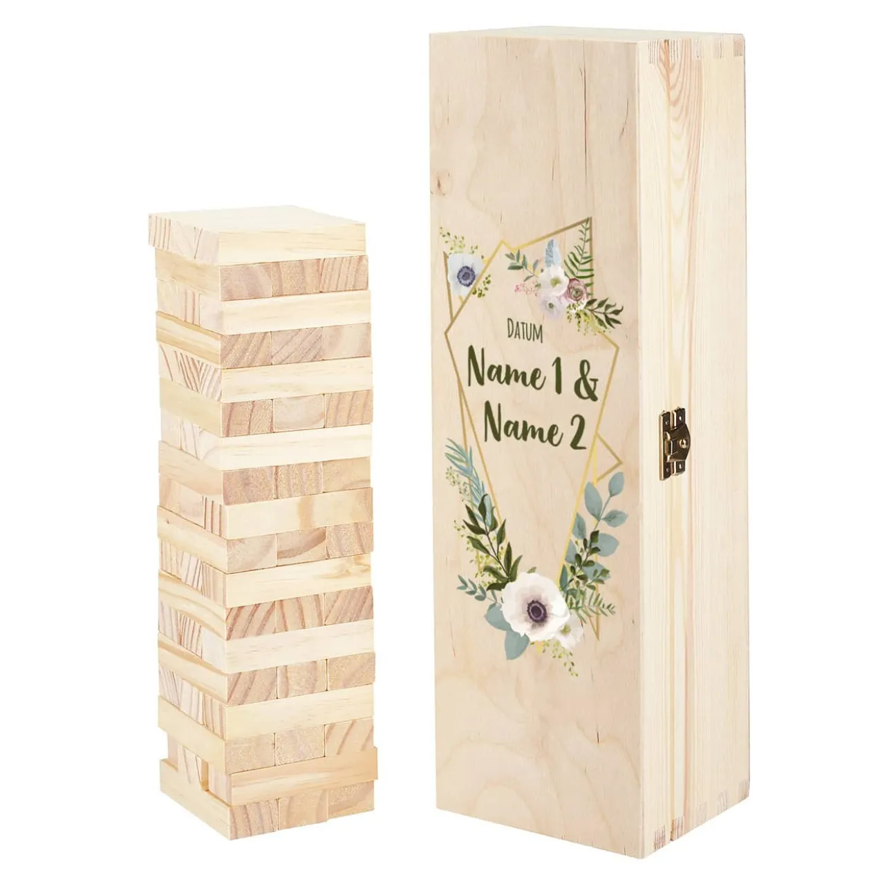 Wackelturm als Gästebuch zur Hochzeit mit bedruckter Holzbox