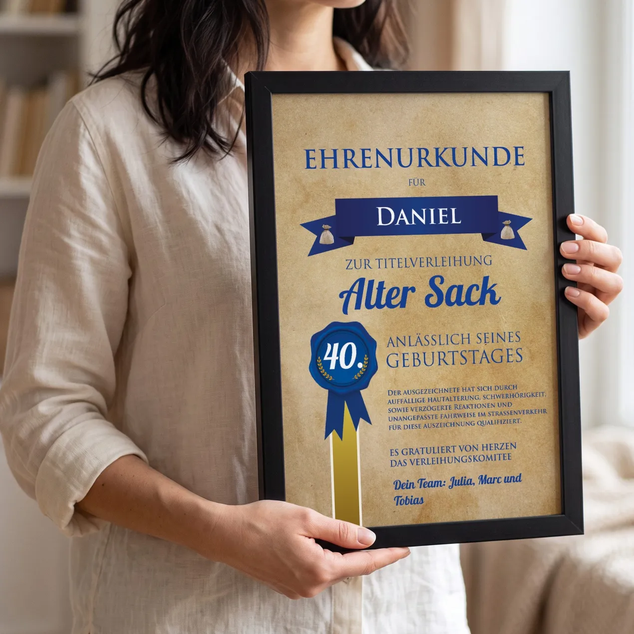 Wandbild mit Urkunde zum Geburtstag Alter Sack