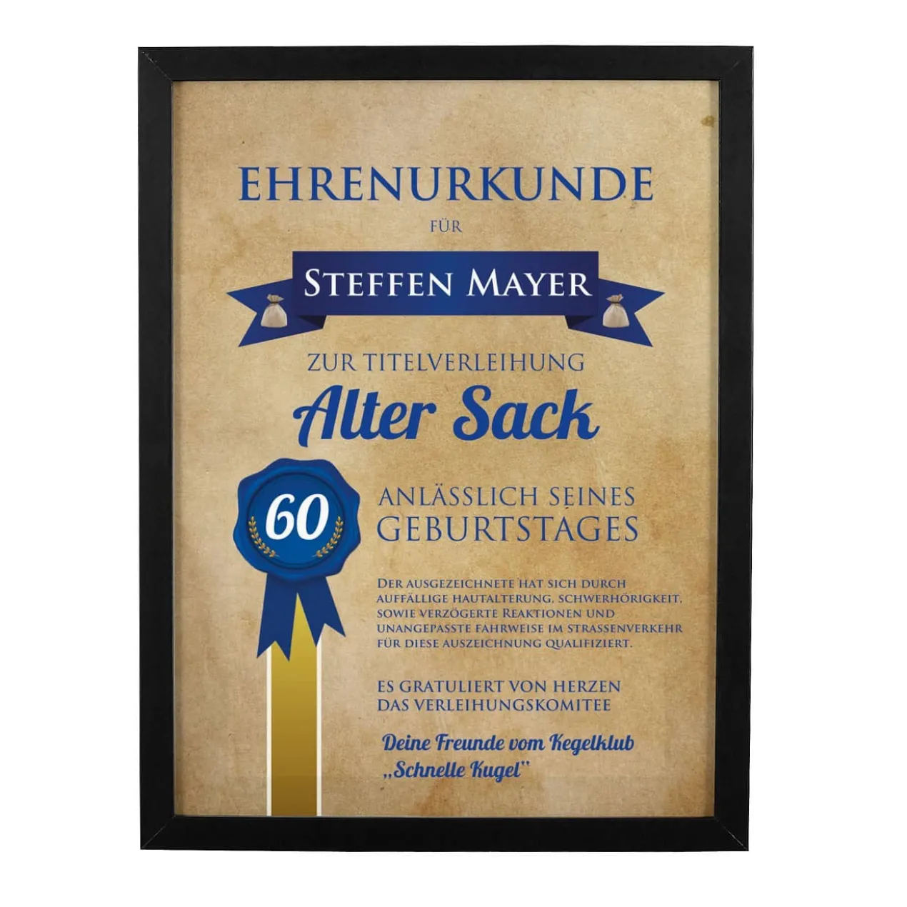 Wandbild mit Urkunde zum Geburtstag Alter Sack