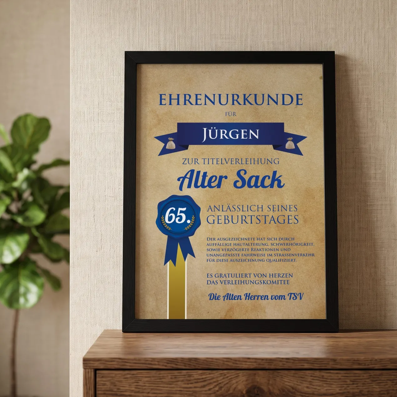 Wandbild mit Urkunde zum Geburtstag Alter Sack