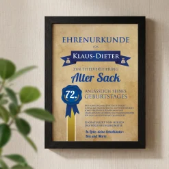 Wandbild mit Urkunde zum Geburtstag Alter Sack