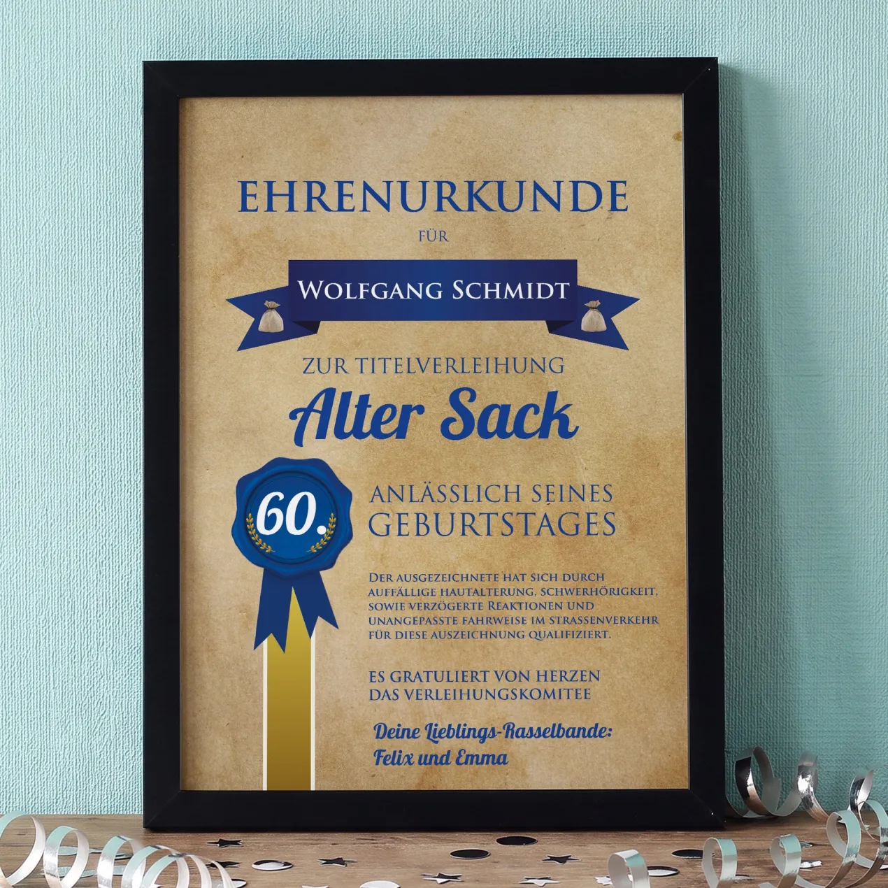 Wandbild mit Urkunde zum Geburtstag Alter Sack
