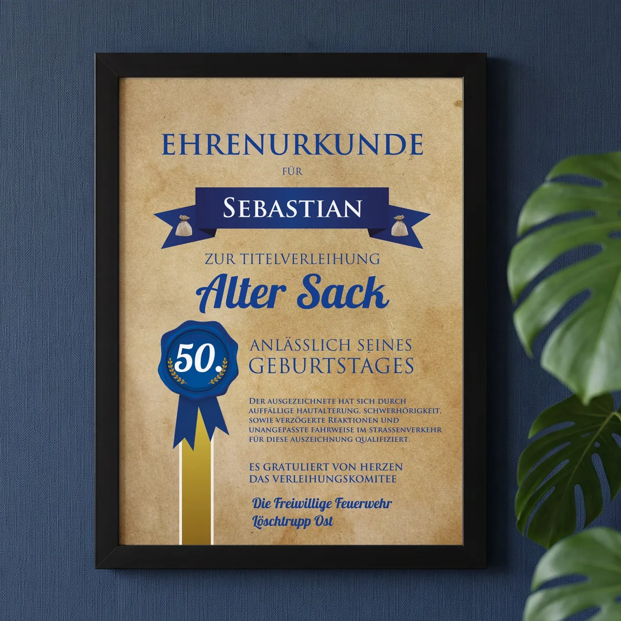 Wandbild mit Urkunde zum Geburtstag Alter Sack