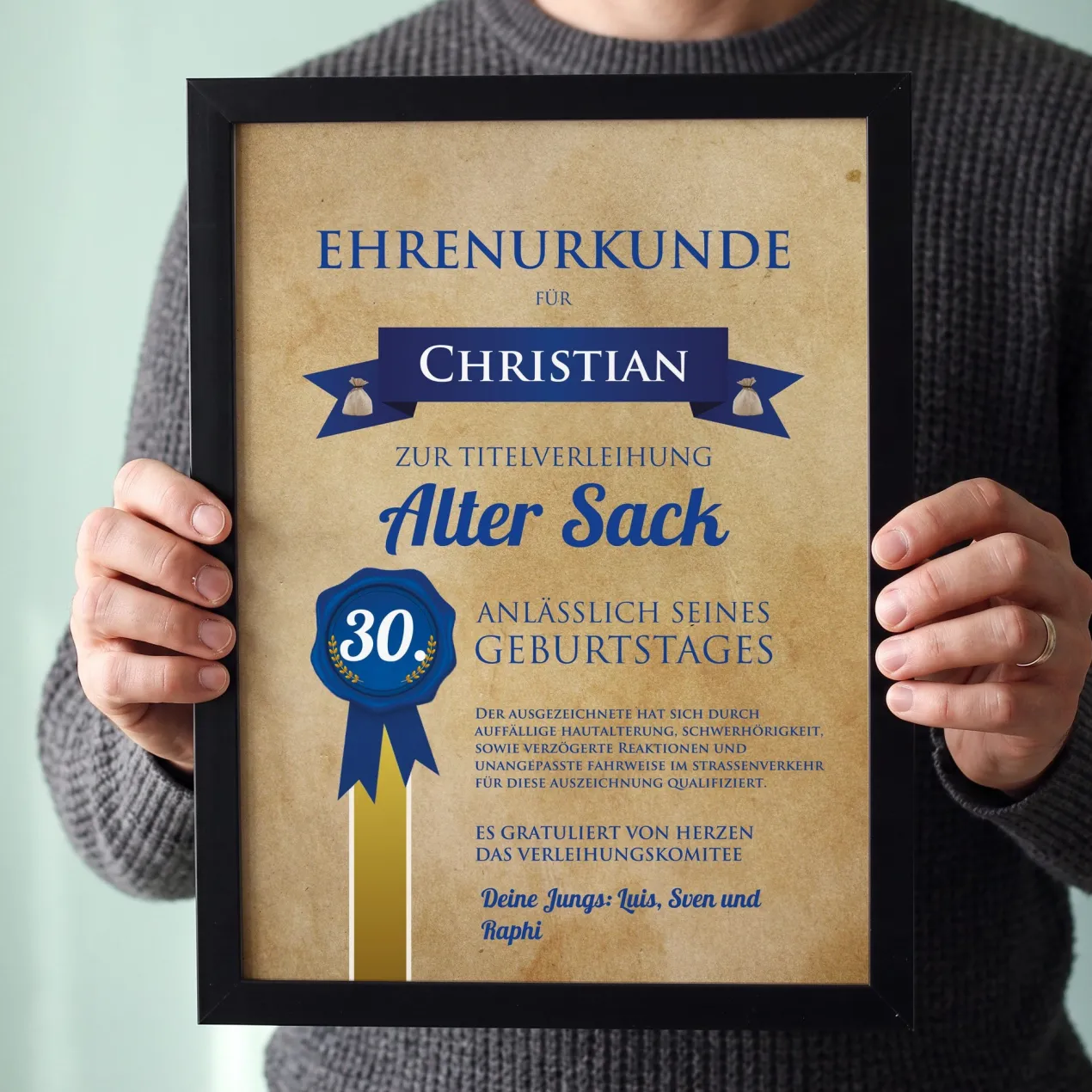Wandbild mit Urkunde zum Geburtstag Alter Sack