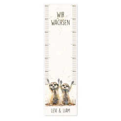 Wandtattoo Messlatte Erdmännchen-Zwillinge mit Namensaufdruck