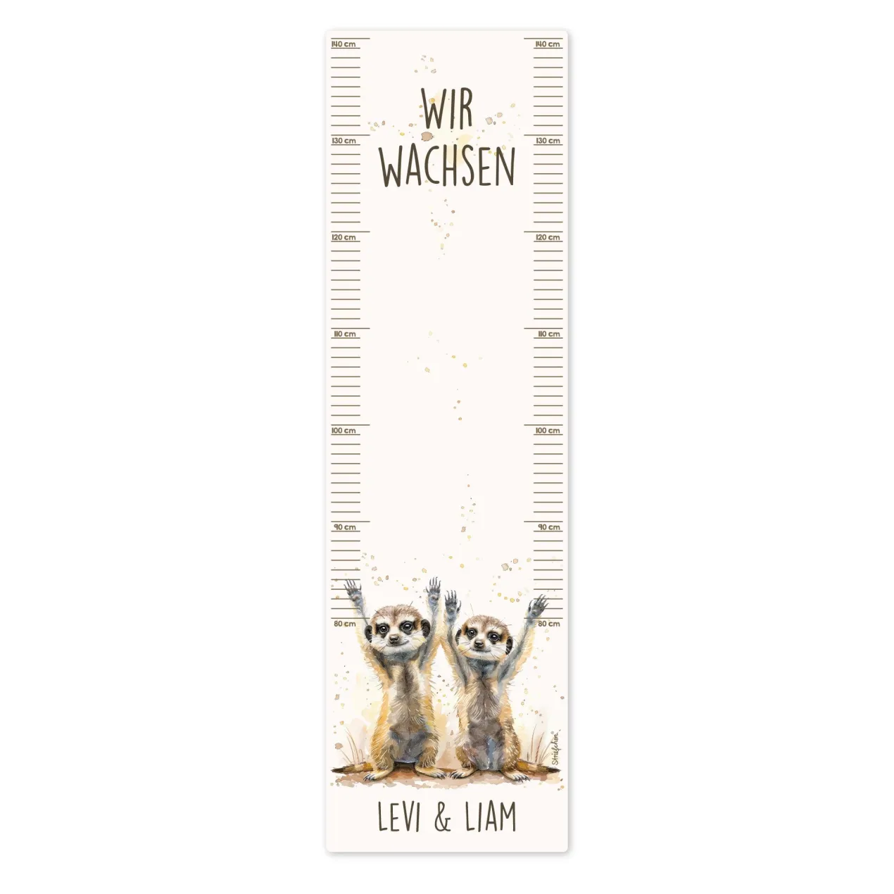 Wandtattoo Messlatte Erdmännchen-Zwillinge mit Namensaufdruck