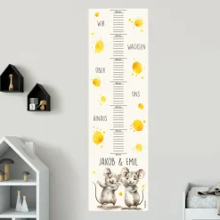 Wandtattoo Messlatte Mäuse-Zwillinge mit Namensaufdruck für Geschwister