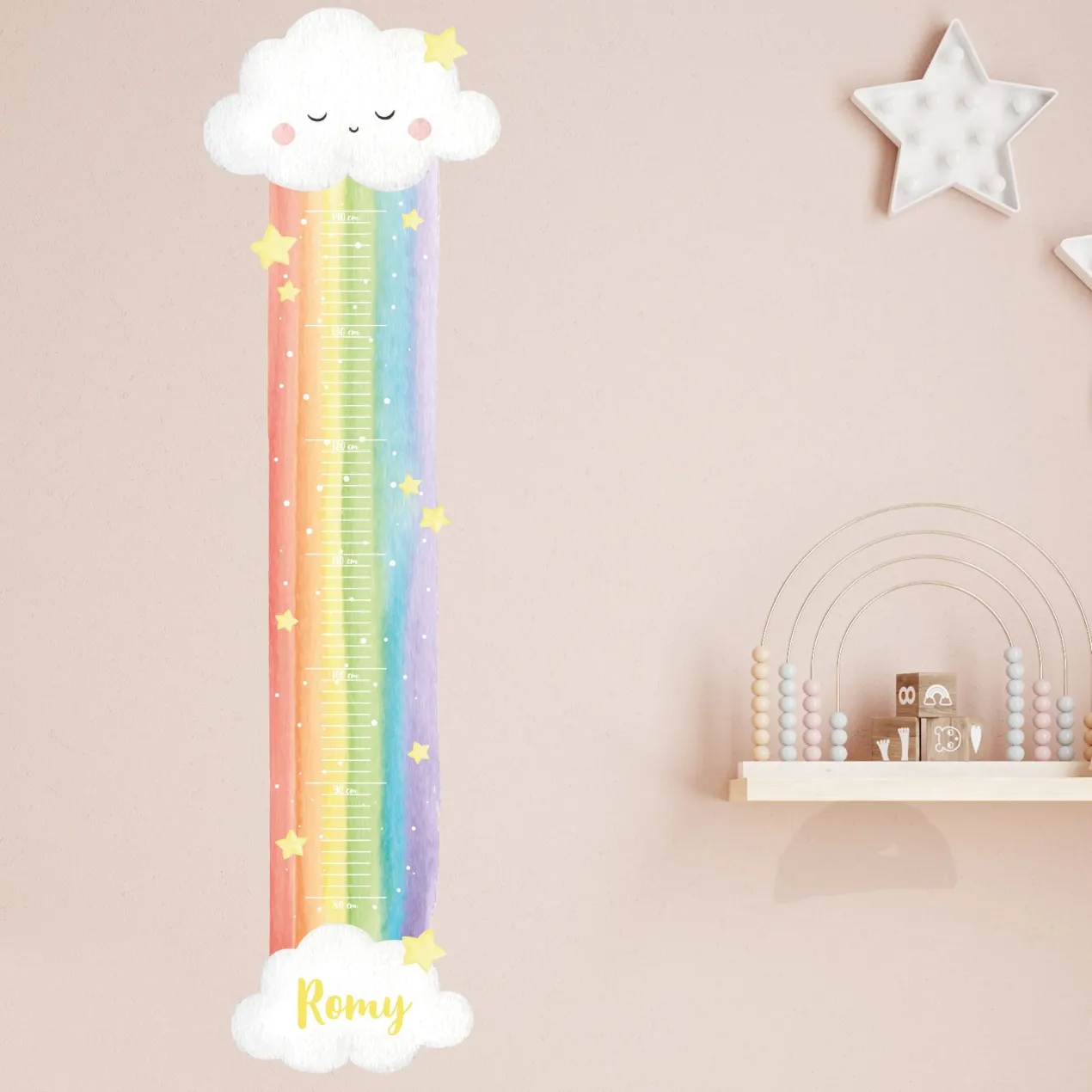 Wandtattoo Messlatte Regenbogen mit Namensaufdruck für Kinderzimmer