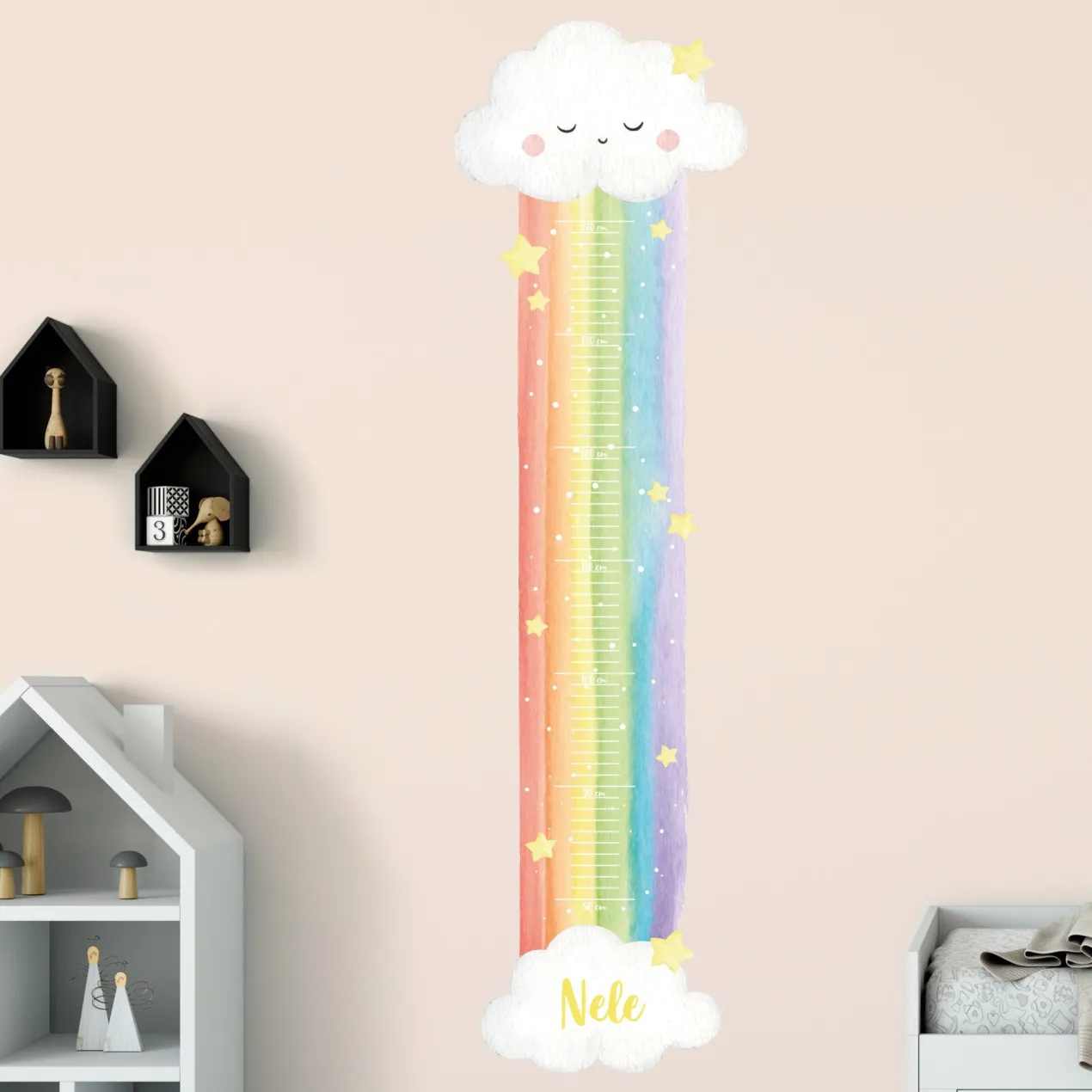 Wandtattoo Messlatte Regenbogen mit Namensaufdruck für Kinderzimmer