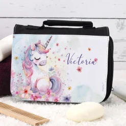 Waschtasche für Mädchen mit Einhorn Motiv und Name personalisiert | Kulturbeutel für Kinder