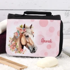Waschtasche für Mädchen mit Pferdemotiv und Name personalisiert | Kulturtasche für Kinder