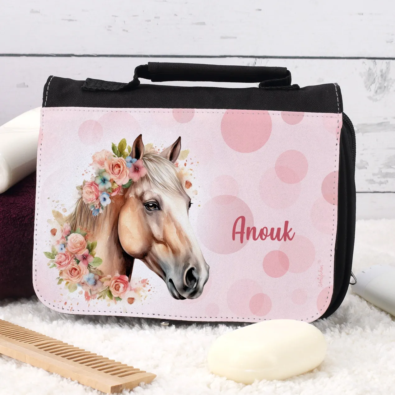 Waschtasche für Mädchen mit Pferdemotiv und Name personalisiert | Kulturtasche für Kinder