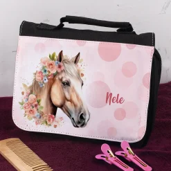 Waschtasche für Mädchen mit Pferdemotiv und Name personalisiert | Kulturtasche für Kinder