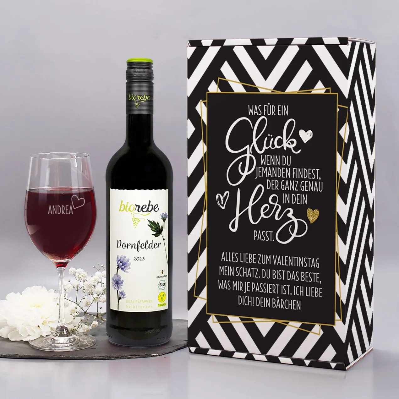 Was für ein Glück - Wein Geschenkset mit Weinglas und Geschenkbox | Bienenfreundlicher Biorebe