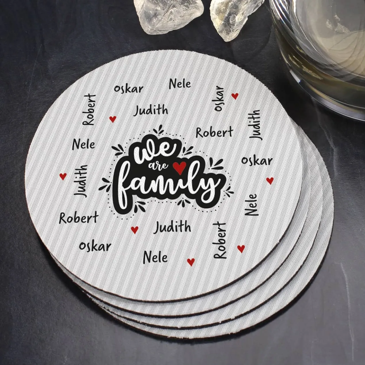 We are family - Untersetzer mit vier Namen (4er Set)
