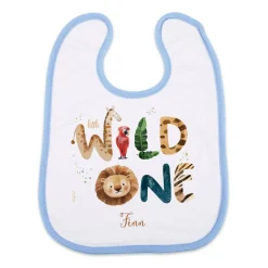 Weiß/blaues Lätzchen - little Wild One - mit Wildtieren und Name