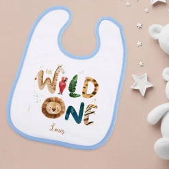 Weiß/blaues Lätzchen - little Wild One - mit Wildtieren und Name