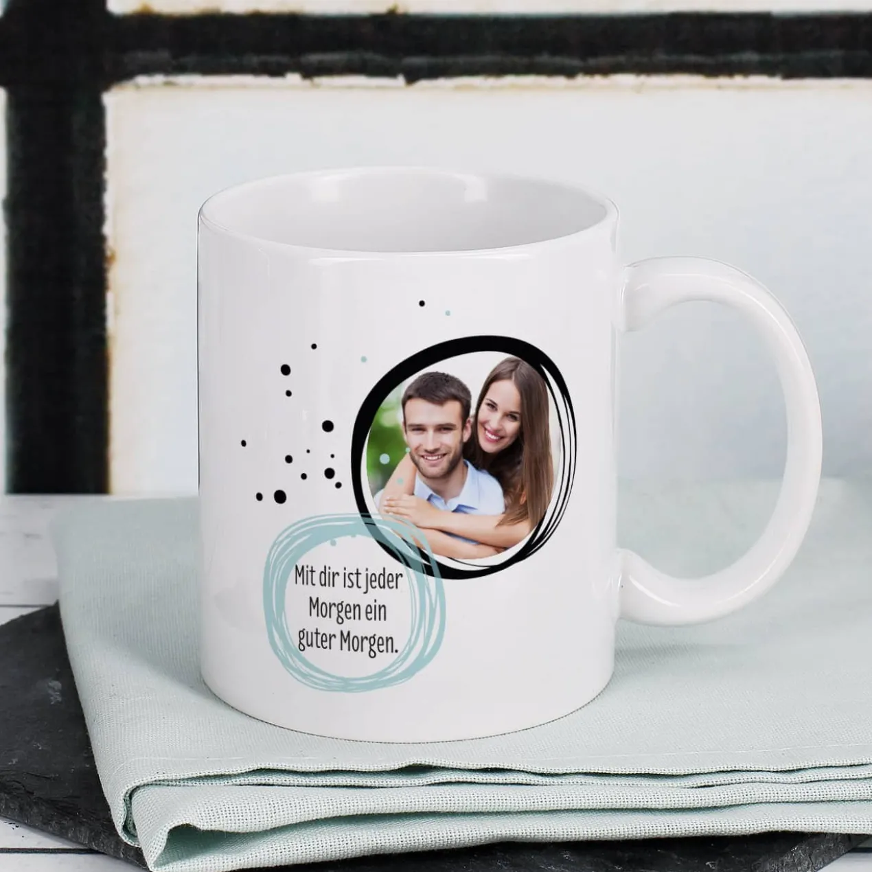 Weiße Keramiktasse mit Ihrem Foto und Wunschtext