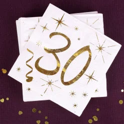 Weiße Servietten zum 30. Geburtstag in Gold-Metallic