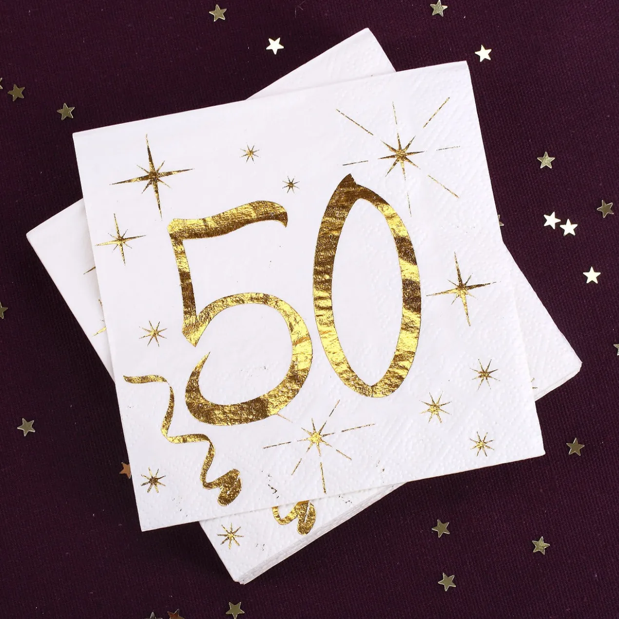 Weiße Servietten zum 50. Geburtstag in Gold-Metallic