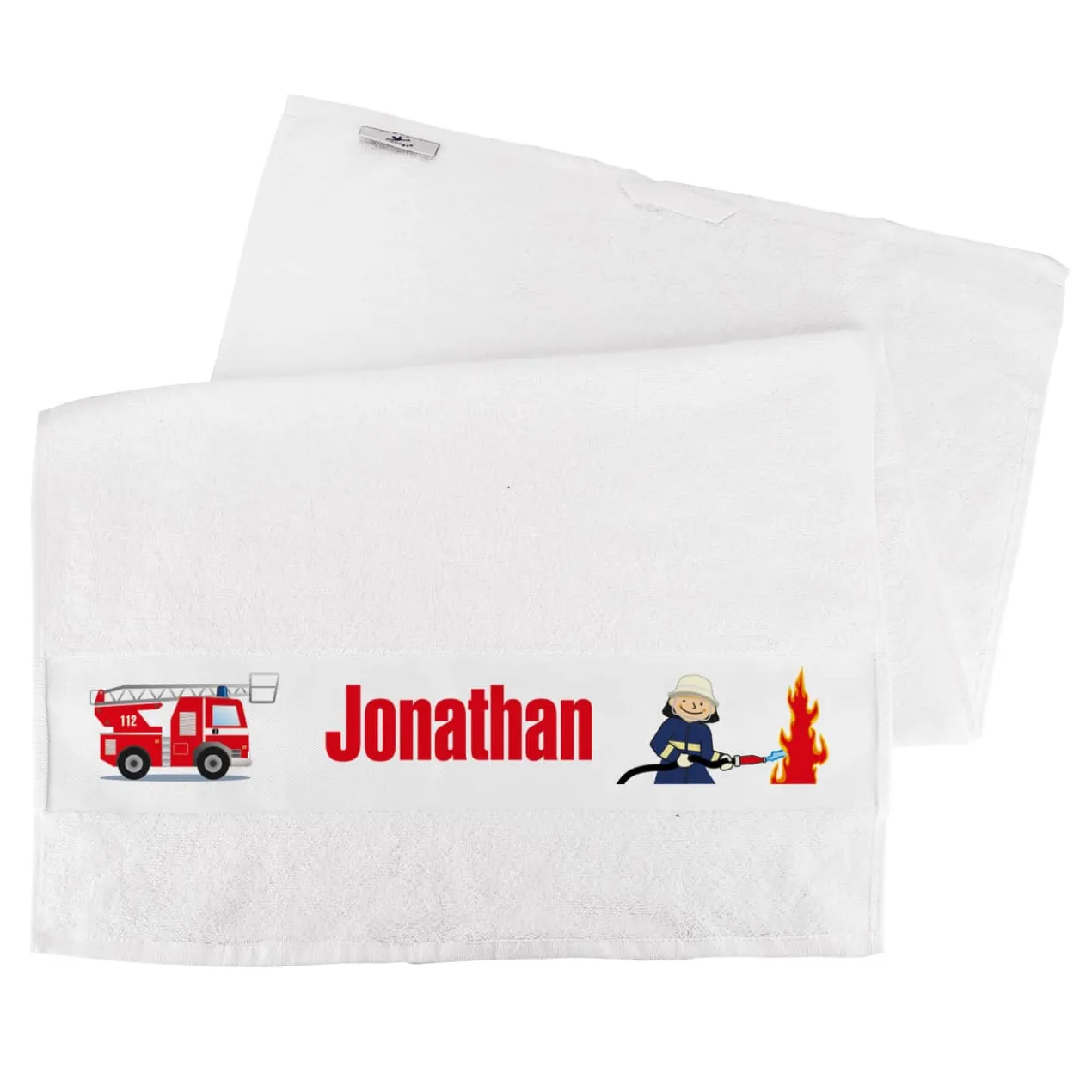 weißes Handtuch mit Feuerwehr und Name