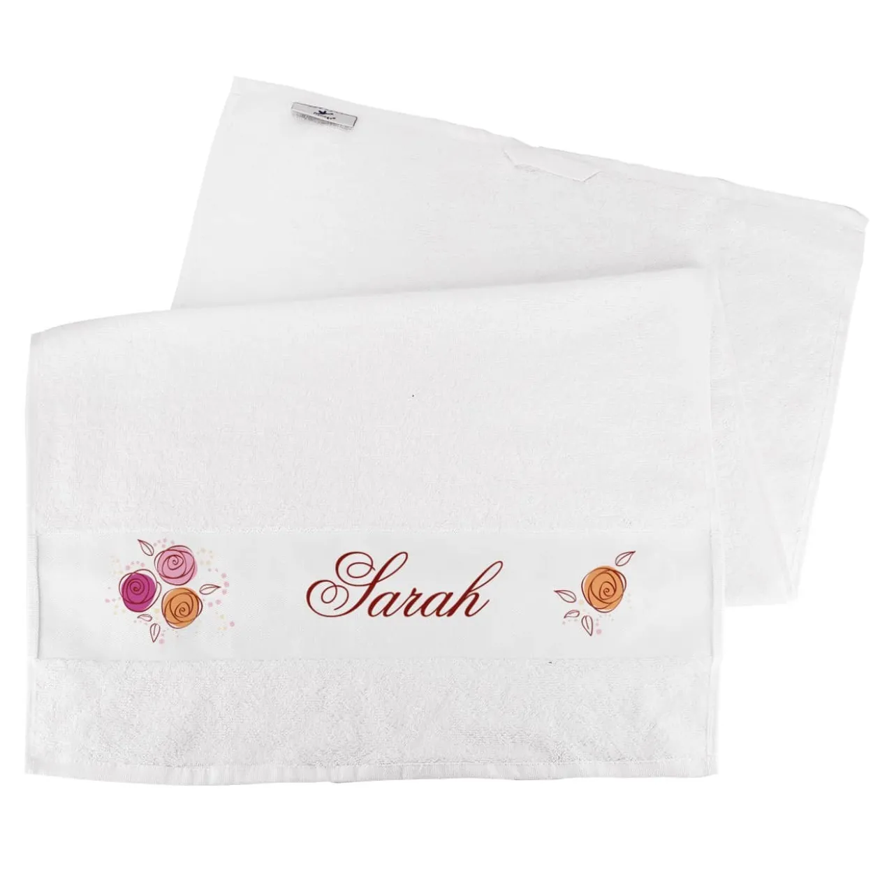 Weißes Handtuch mit Name und Rosenmotiv