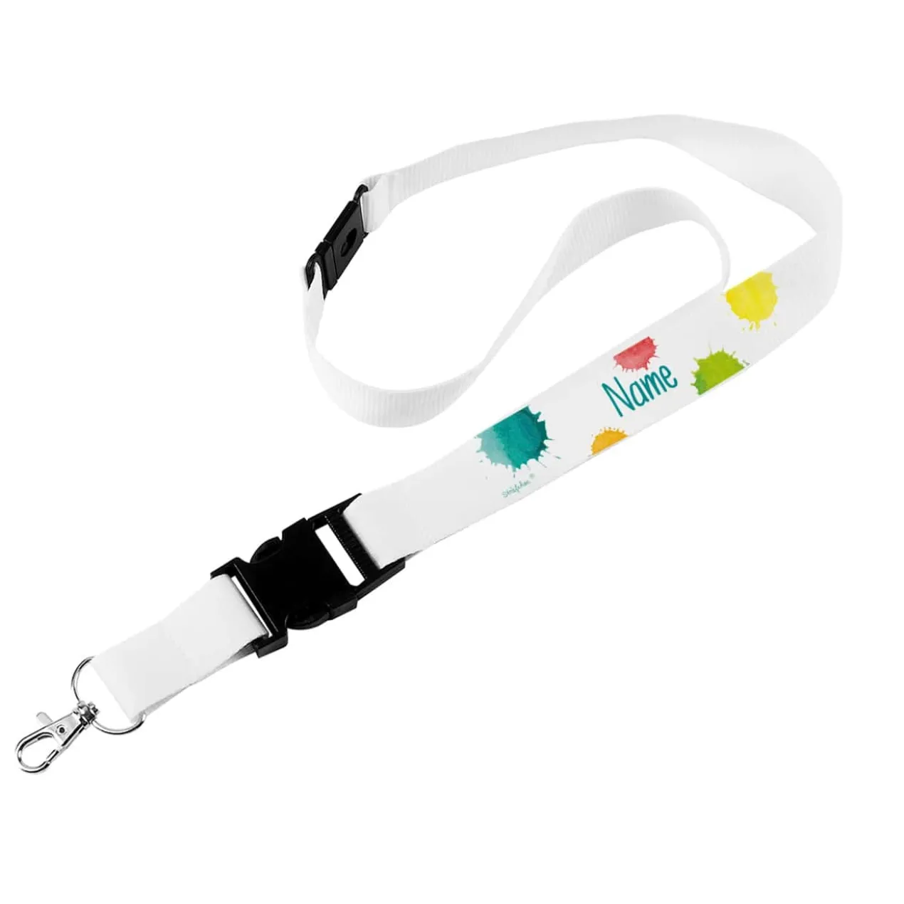 Weißes Schlüsselband mit buntem Motiv und Name