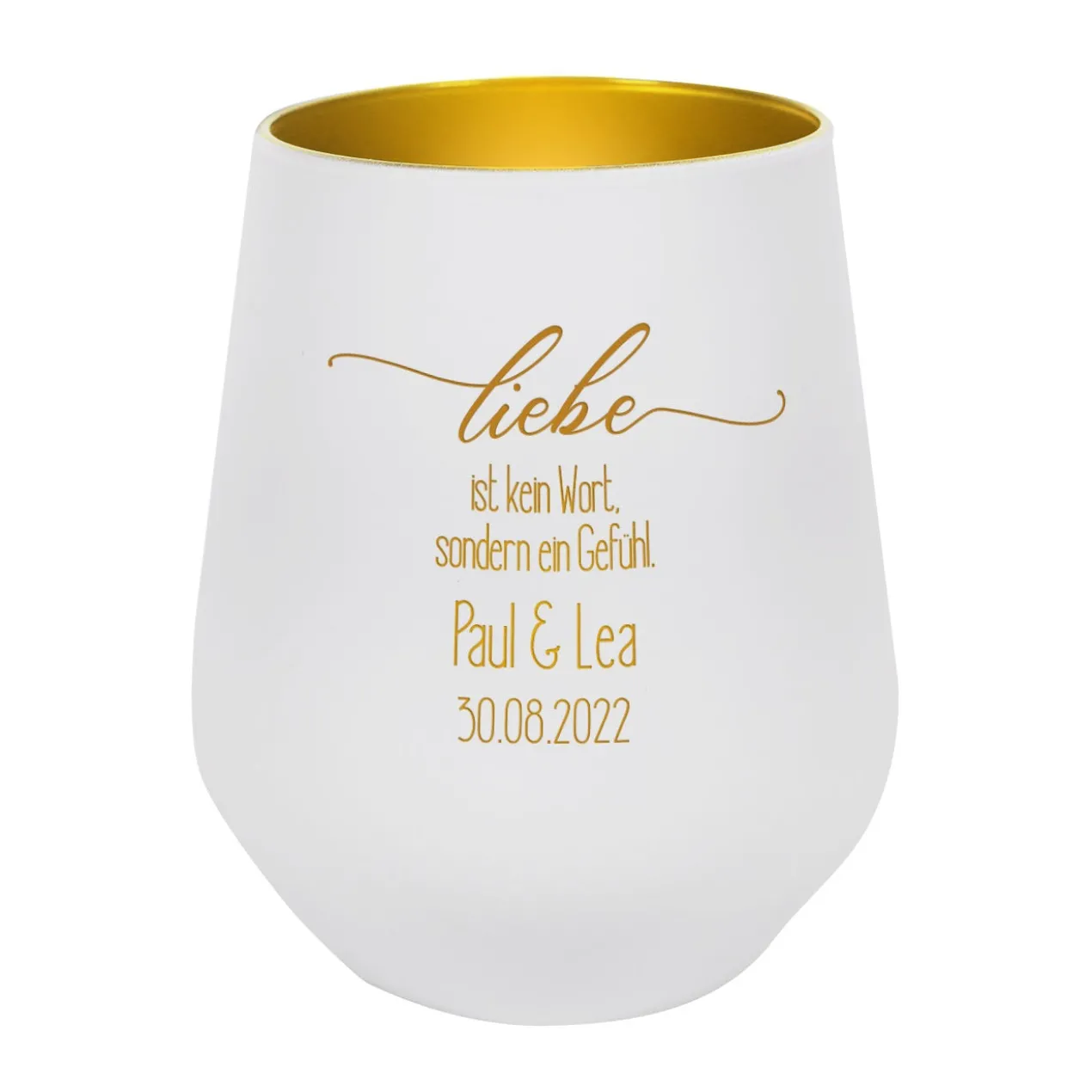 Weißes Windlicht zur Hochzeit - Liebe ist kein Wort, sondern ein Gefühl - mit Namen und Datum