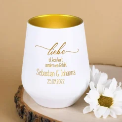 Weißes Windlicht zur Hochzeit - Liebe ist kein Wort, sondern ein Gefühl - mit Namen und Datum