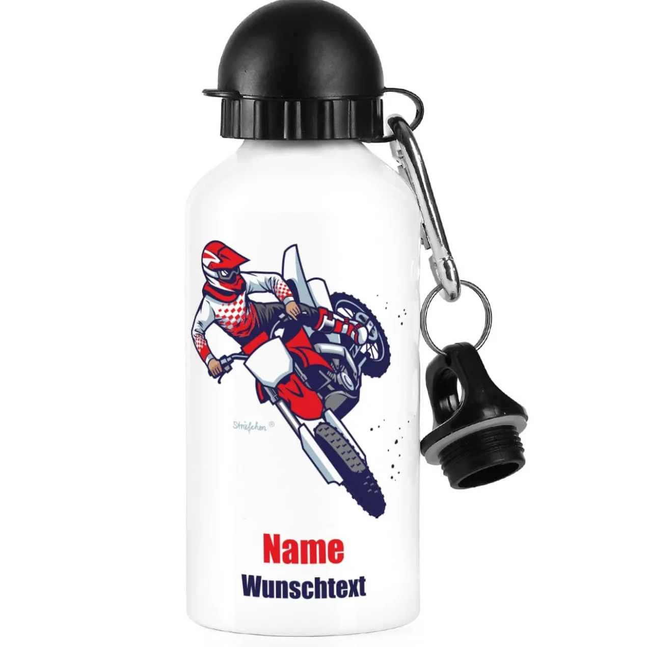 Weiße Trinkflasche aus Metall mit Motorrad-Motiv, Name und Text