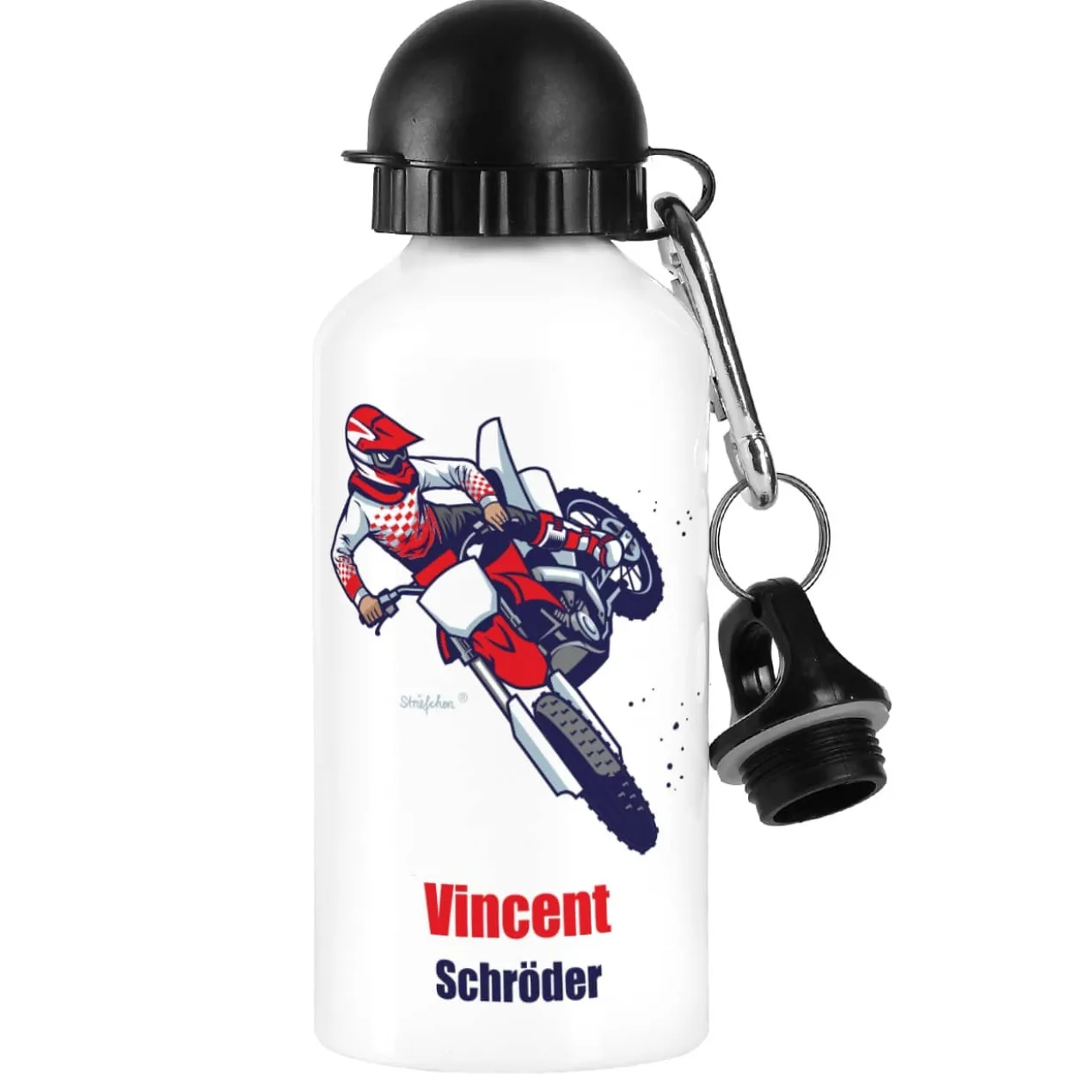 Weiße Trinkflasche aus Metall mit Motorrad-Motiv, Name und Text
