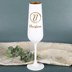 Weiß-Goldenes Sektglas zum Geburtstag mit Name und Alter graviert