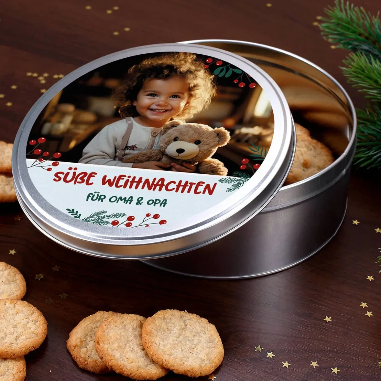Weihnachtliche Geschenkdose mit Ihrem Foto und Text