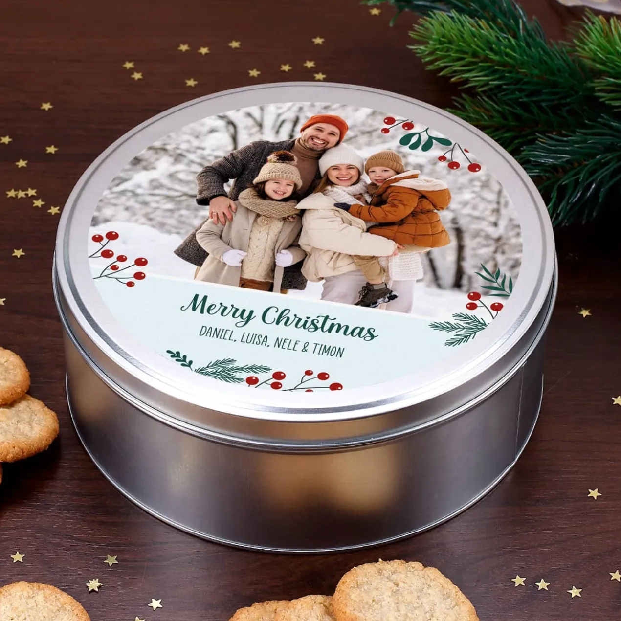 Weihnachtliche Geschenkdose mit Ihrem Foto und Text