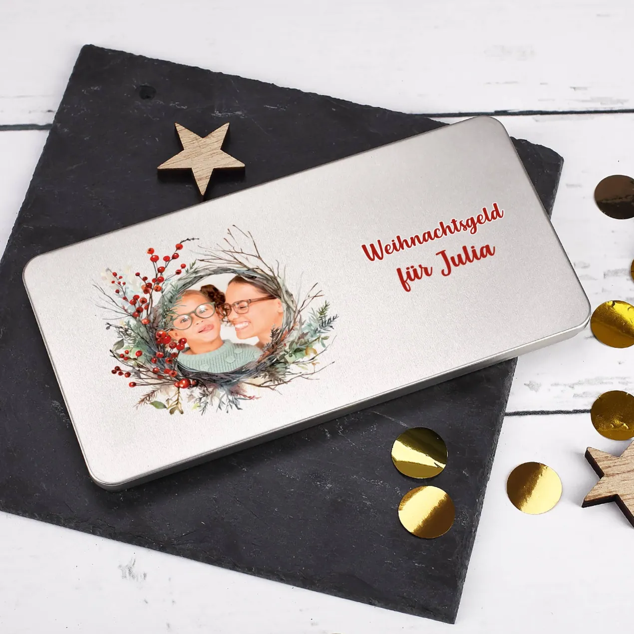 Weihnachtliche Geschenkverpackung für Geldgeschenke mit Foto