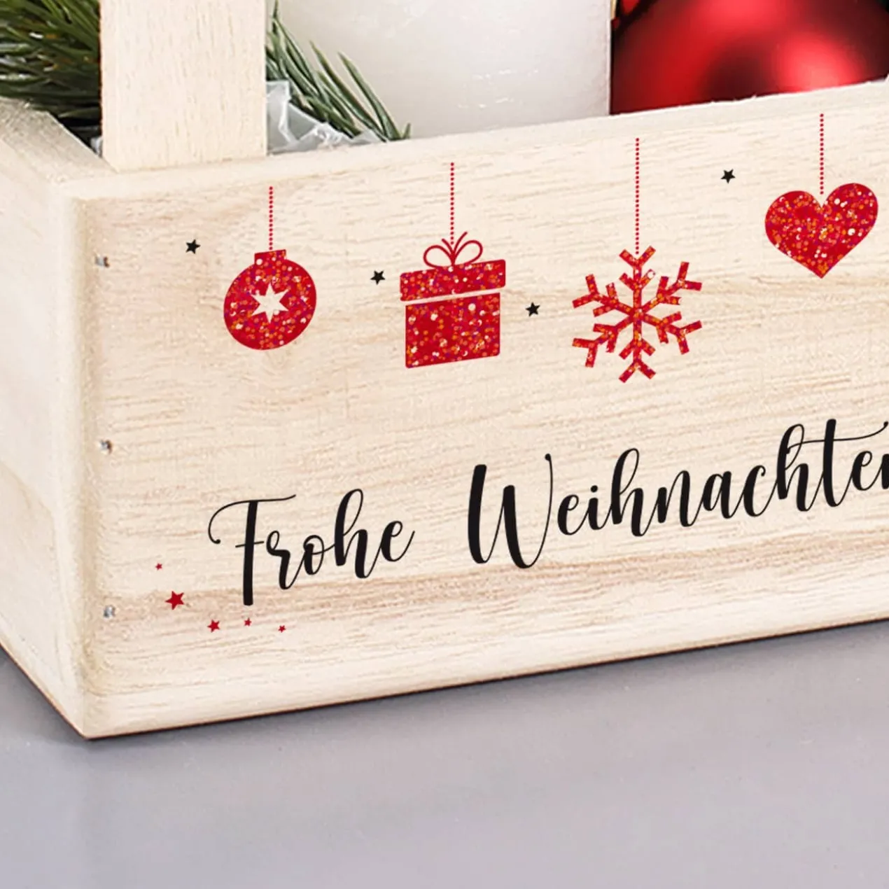 Weihnachtliche Holzkiste mit 2 Griffen und Ihrem Text bedruckt