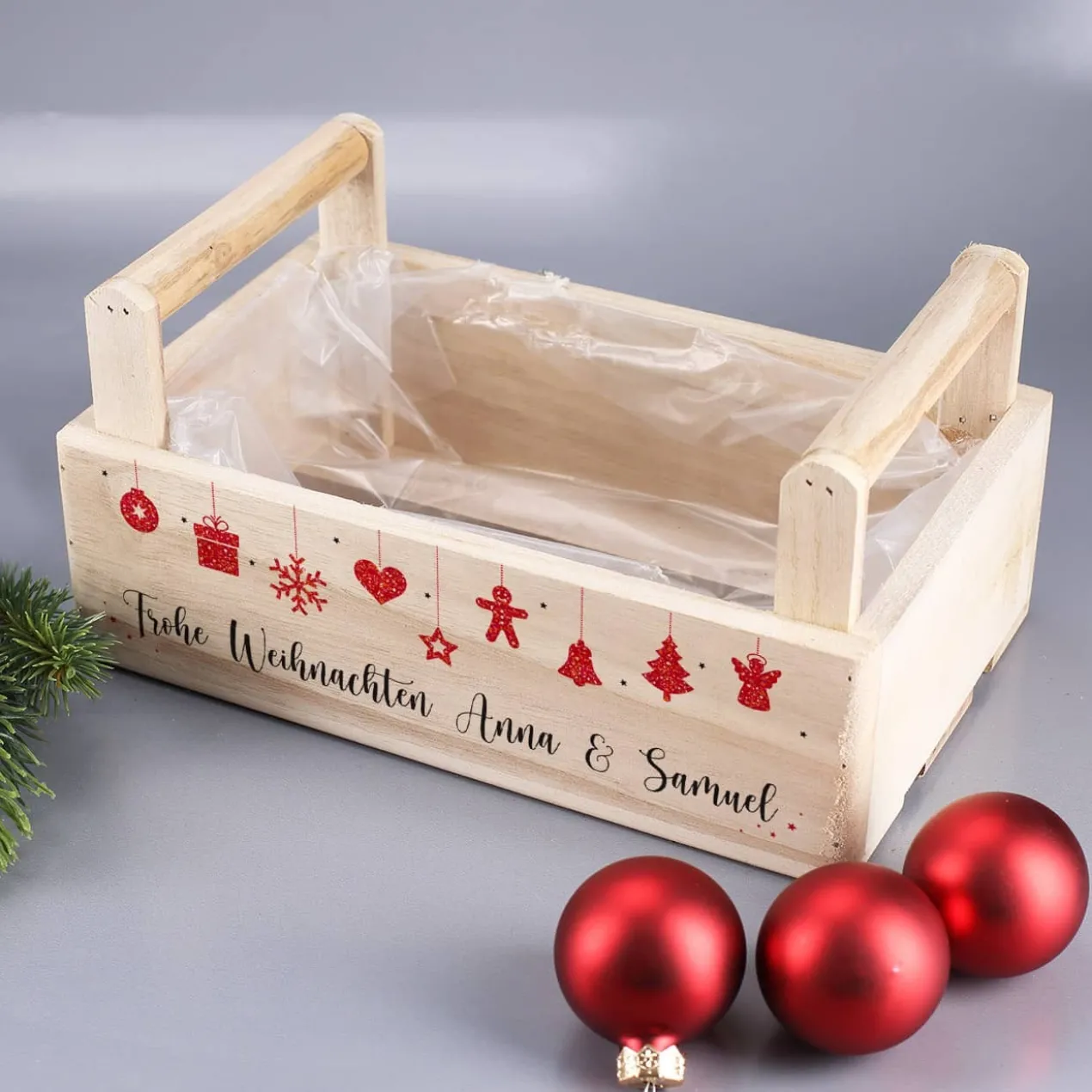 Weihnachtliche Holzkiste mit 2 Griffen und Ihrem Text bedruckt