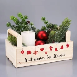 Weihnachtliche Holzkiste mit 2 Griffen und Ihrem Text bedruckt