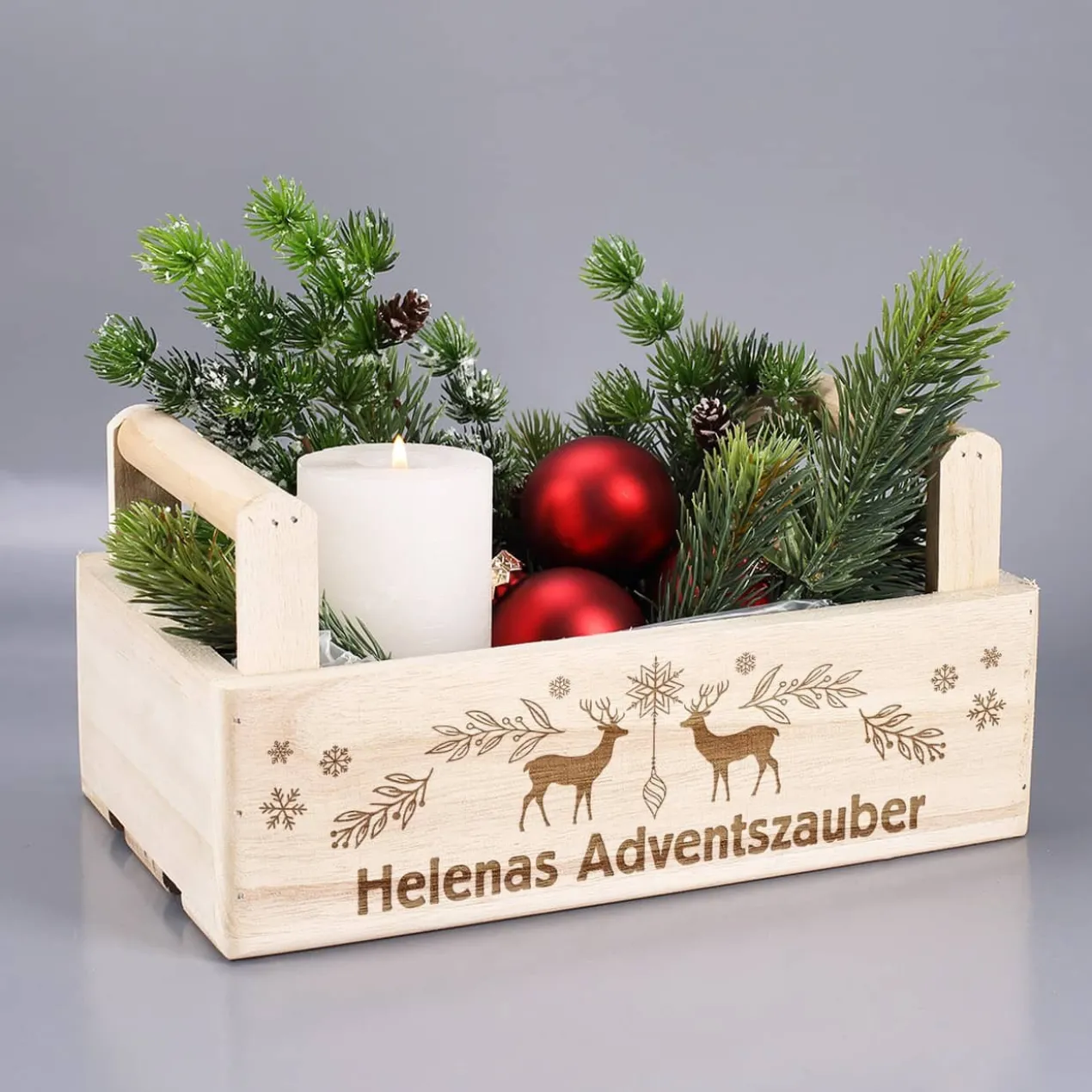 Weihnachtliche Holzkiste mit 2 Griffen und festlicher Gravur