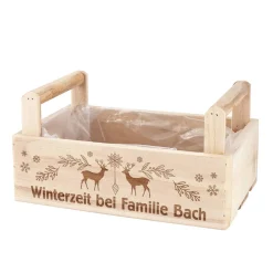 Weihnachtliche Holzkiste mit 2 Griffen und festlicher Gravur