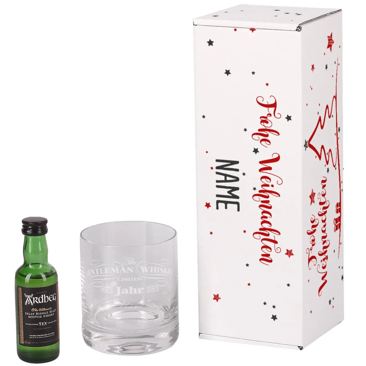 weihnachtliche Pappbox mit Ardbeg Mini Flasche und graviertem Whiskyglas