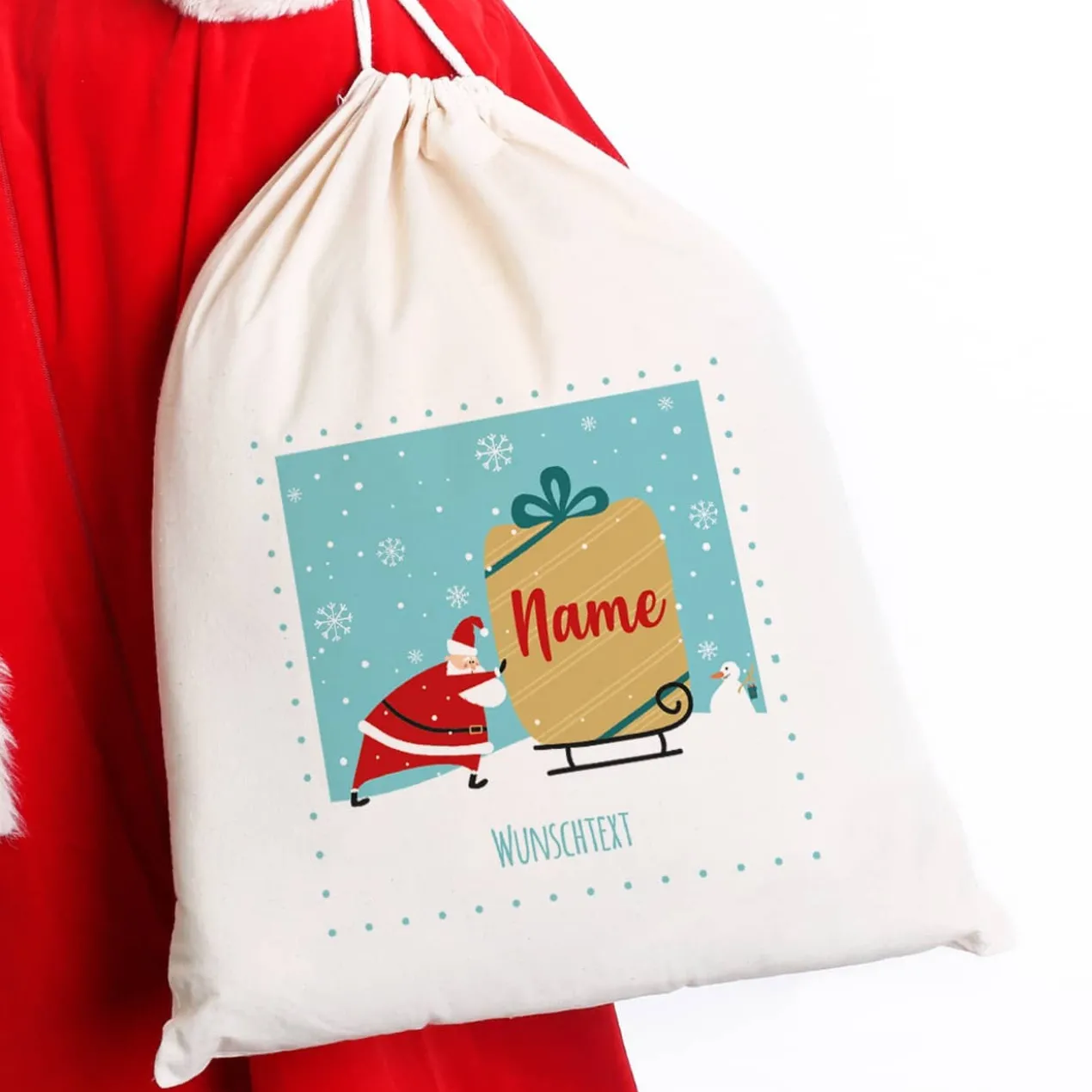 Weihnachtlicher Geschenkesack mit Name und Wunschtext