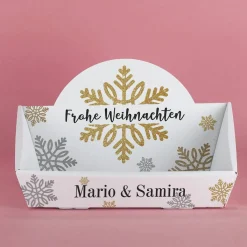Weihnachtlicher Geschenkkorb mit Schneeflockenmotiv und Wunschtext
