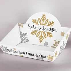Weihnachtlicher Geschenkkorb mit Schneeflockenmotiv und Wunschtext