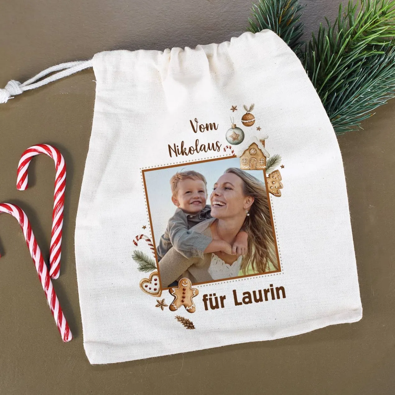 Weihnachtliches Geschenksäckchen mit Lebkuchen-Motiv